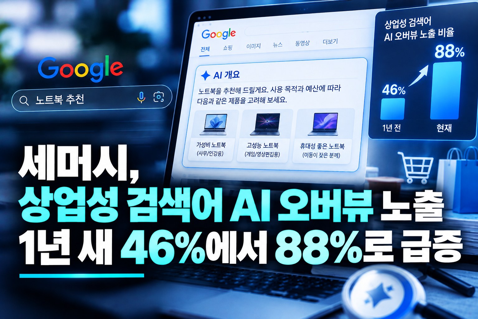 세머시, 상업성 검색어 AI 오버뷰 노출 1년 새 46%에서 88%로 급증